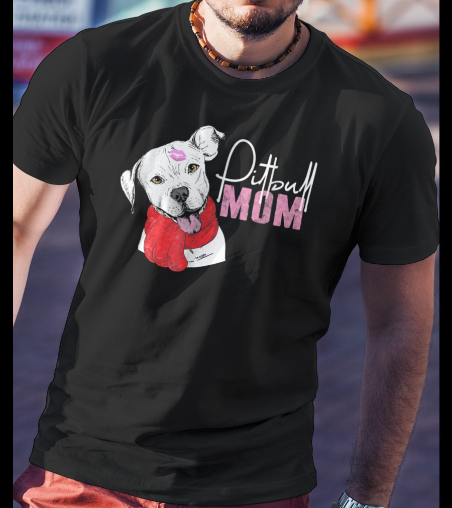 Pitbull Mom Pittie With Kissed Face And Red Scarf T-Shirt