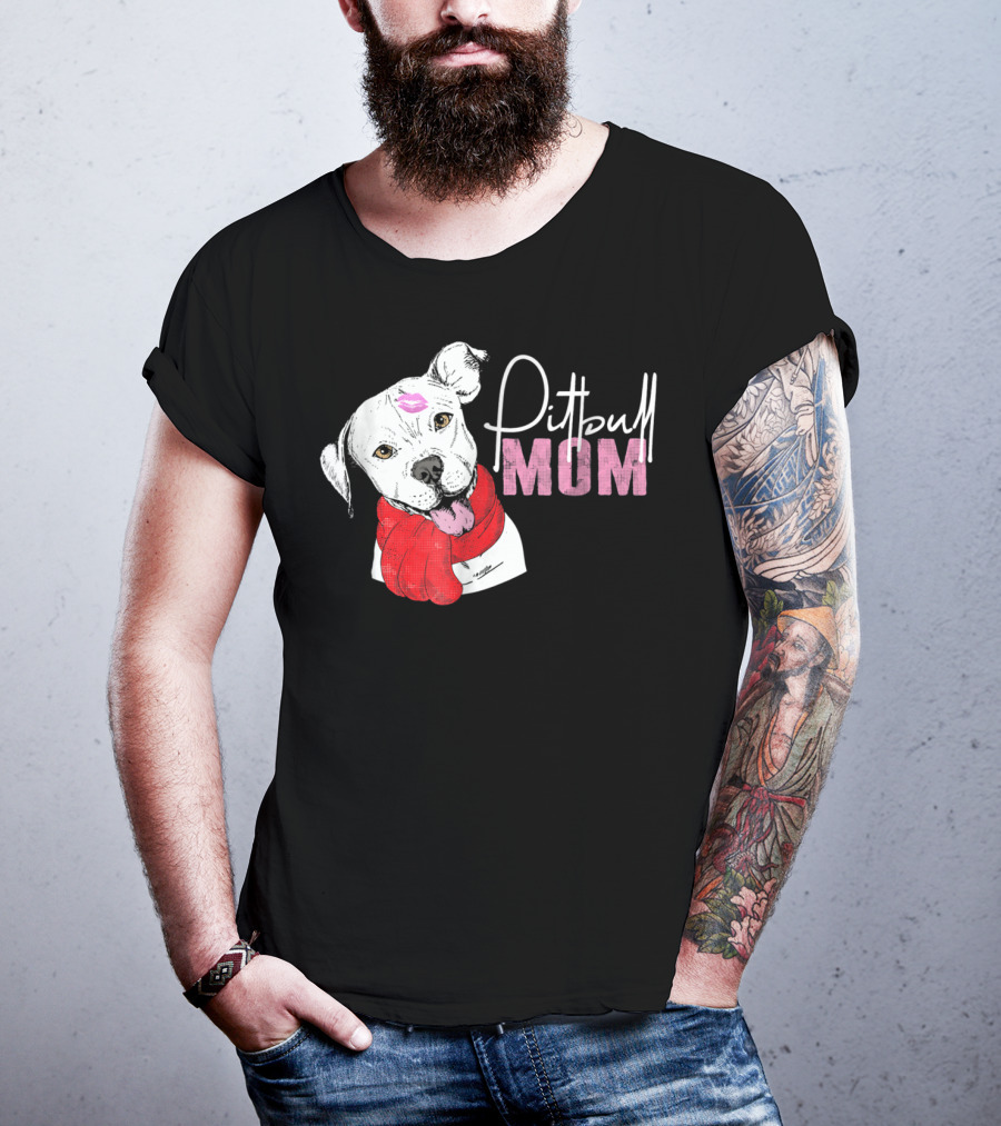 Pitbull Mom Pittie With Kissed Face And Red Scarf T-Shirt