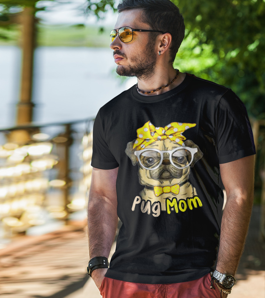 Pug Mom With Yellow Polka Dot Bow And Glasses For Dog Lovers T-Shirt