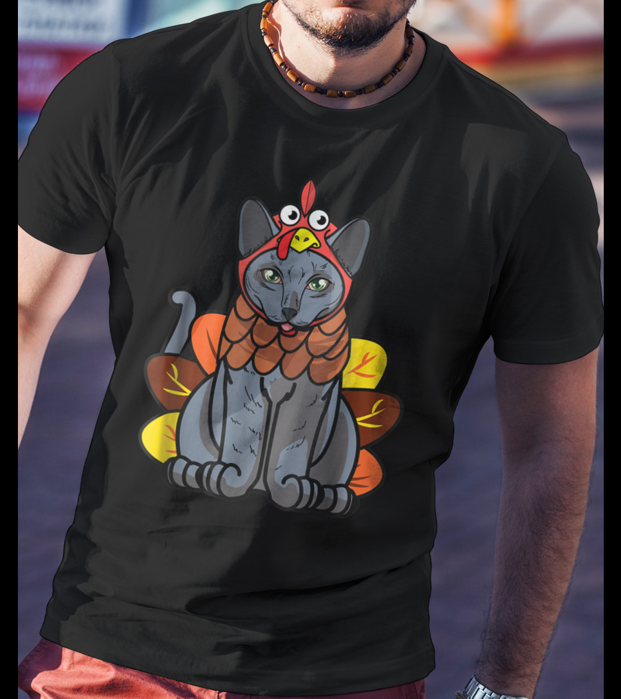 Thanksgiving Greetings Blue Cat Mom Owner With Turkey Costume T-Shirt