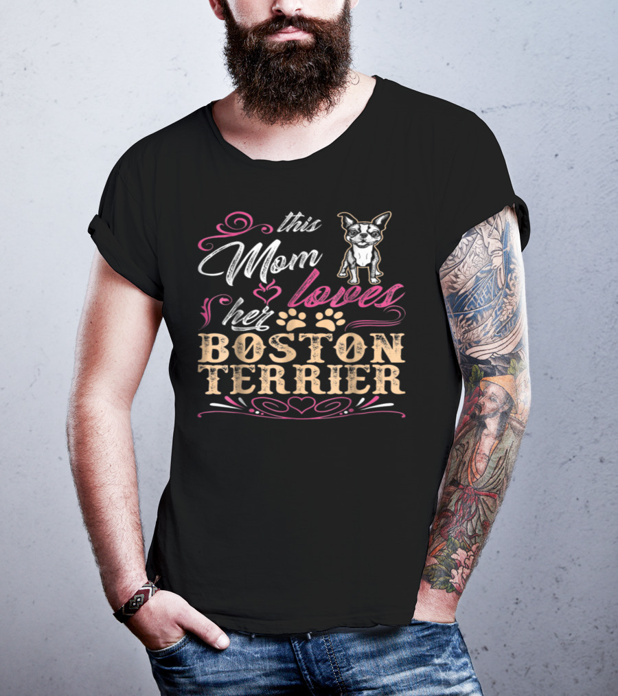 This Mom Loves Her Boston Terrier With Paw Prints And Heart Accents T-Shirt