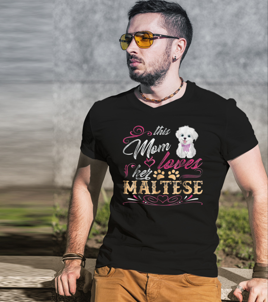 This Mom Loves Her Maltese Dog With Paw Prints And Heart T-Shirt