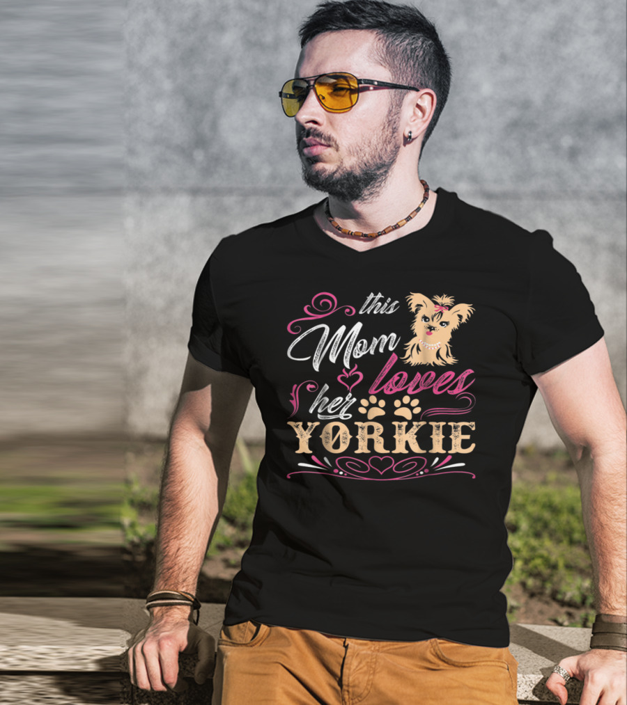 This Mom Loves Her Yorkie With Paw Prints And Heart Elements T-Shirt