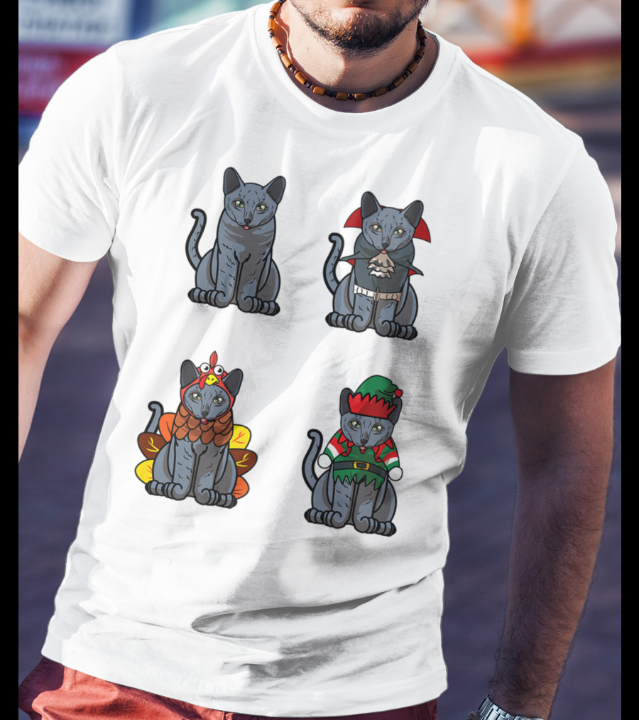 Blue Cat Halloween Thanksgiving Christmas Costumes T-Shirt
