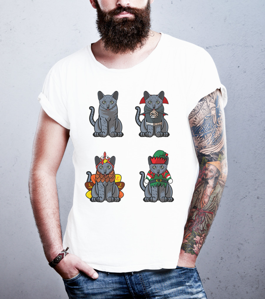 Blue Cat Halloween Thanksgiving Christmas Costumes T-Shirt