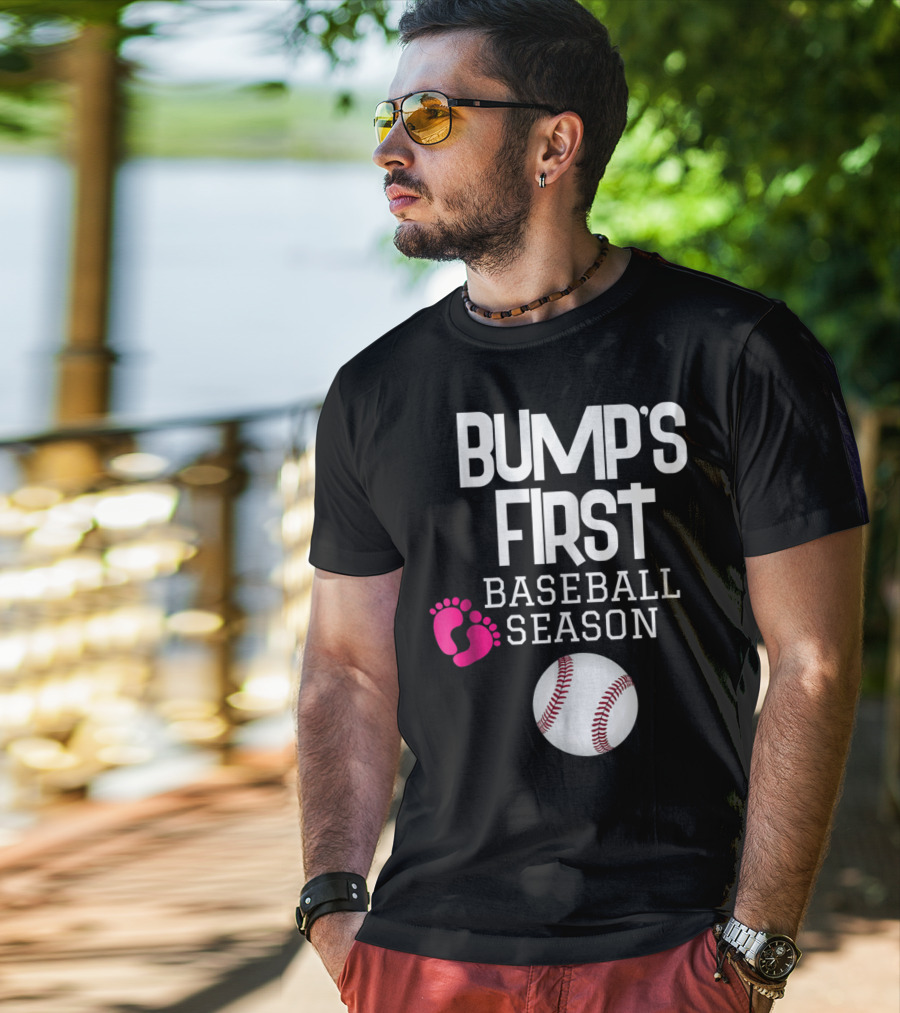 Bump's First Baseball Season New Mom To Be With Baby Footprints And Baseball T-Shirt