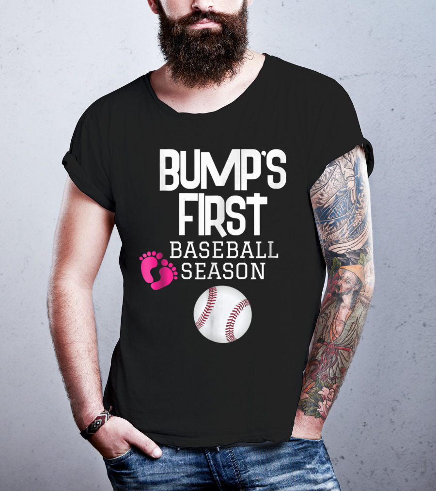 Bump's First Baseball Season New Mom To Be With Baby Footprints And Baseball T-Shirt