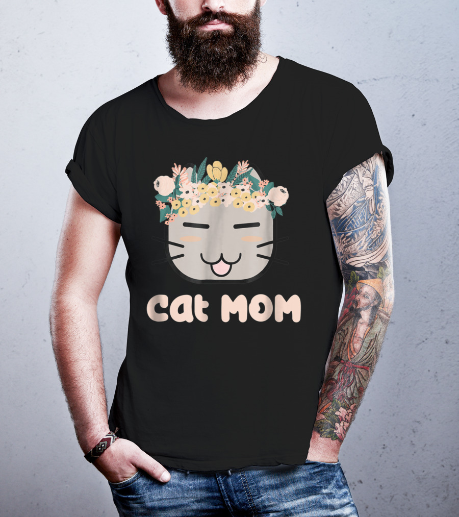 Cat Mom Floral Cat With Flower Crown T-Shirt