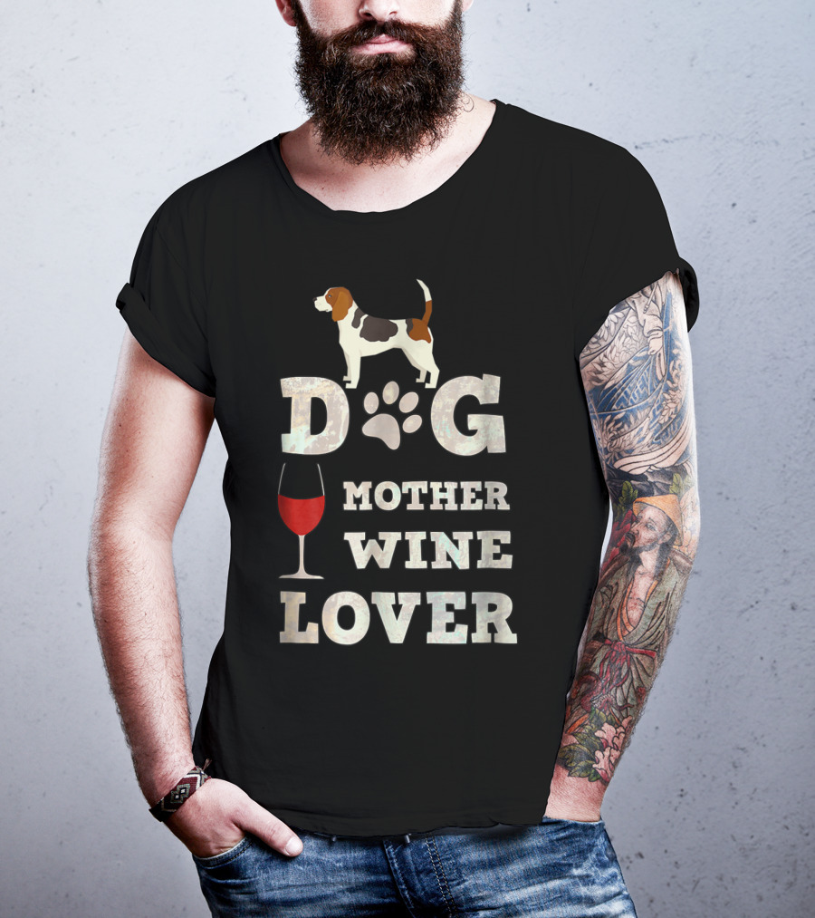 Dog Lover Mother Wine Enthusiast With Basset Hound And Paw Prints T-Shirt