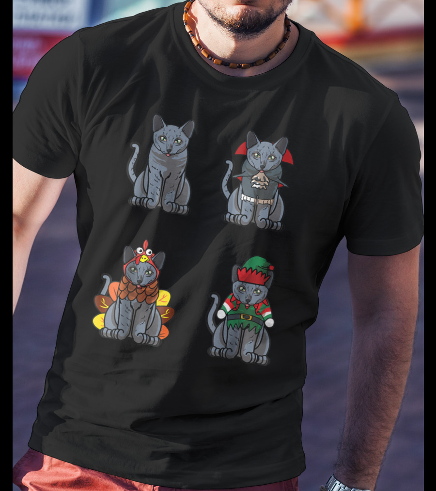 Blue Halloween Thanksgiving Christmas Cat Costume Quartet T-Shirt