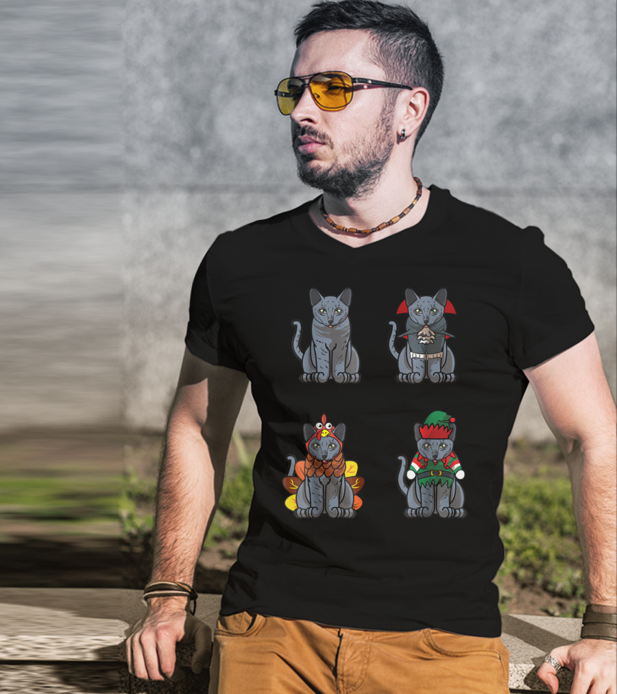 Blue Halloween Thanksgiving Christmas Cat Costume Quartet T-Shirt
