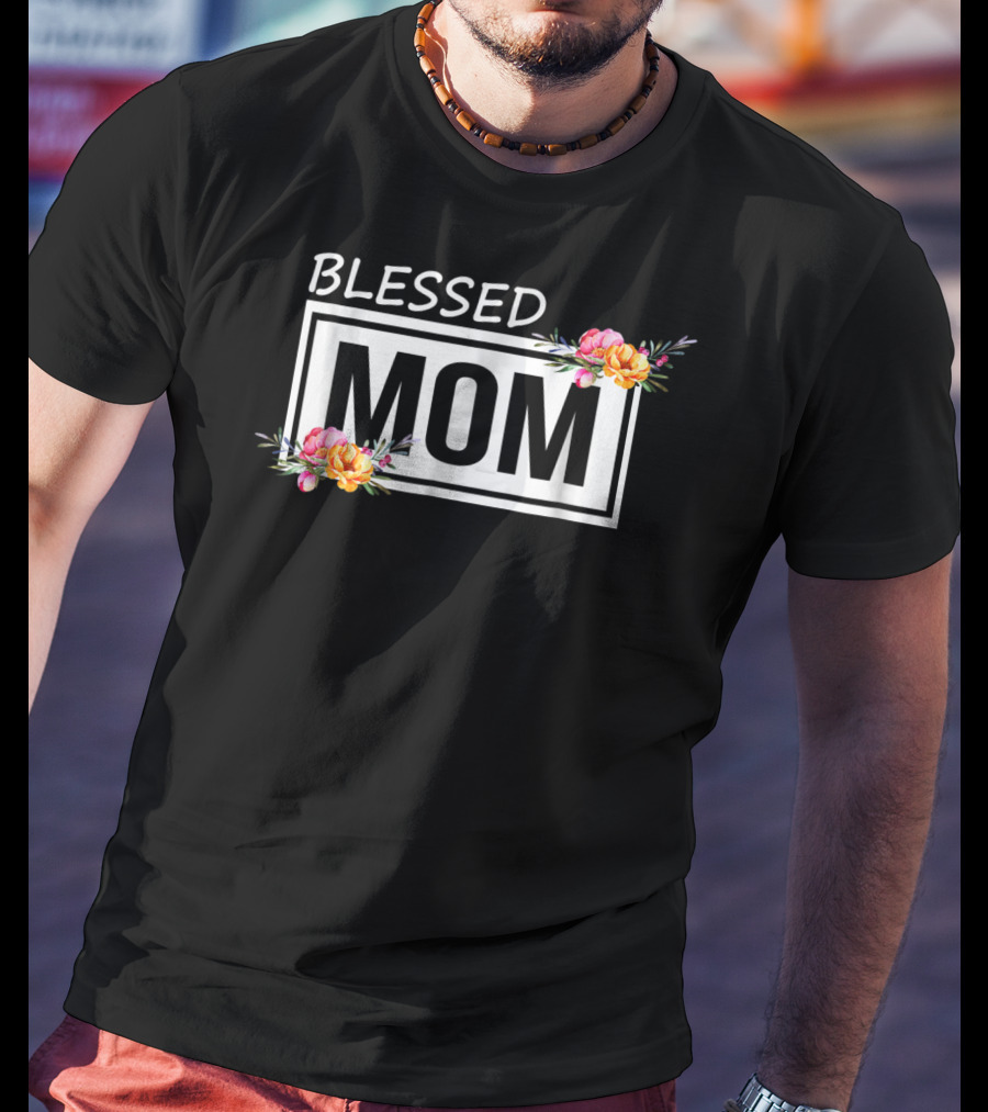 Blessed Mom Floral Text T-Shirt