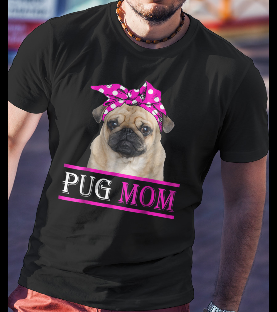 Pug Mom Cute Dog With Pink Polka Dot Bow T-Shirt