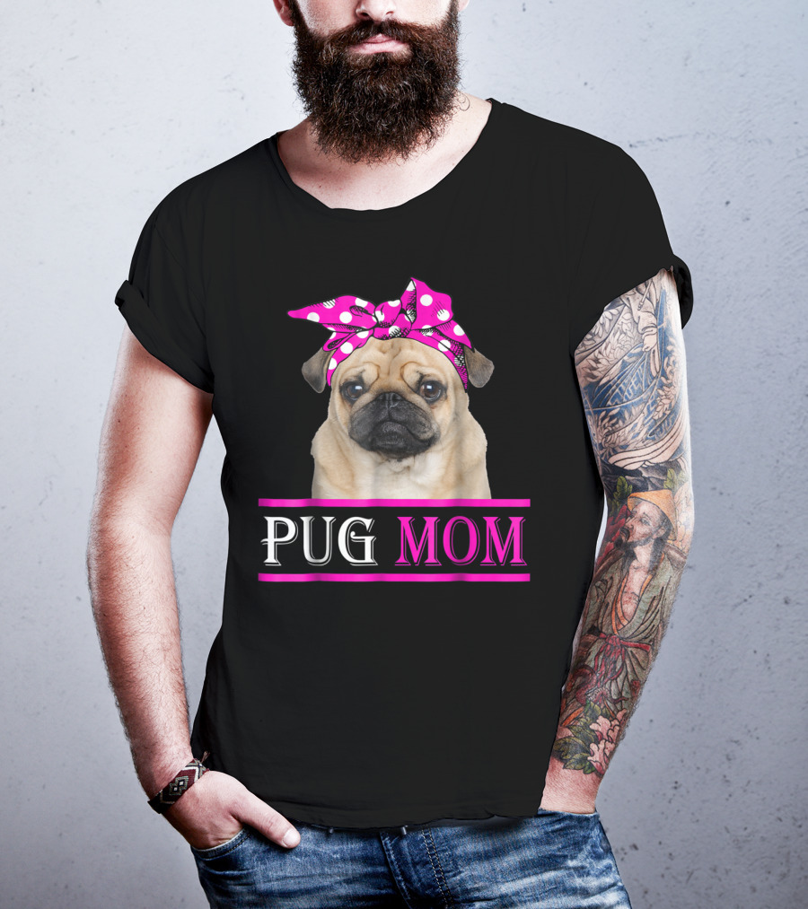Pug Mom Cute Dog With Pink Polka Dot Bow T-Shirt