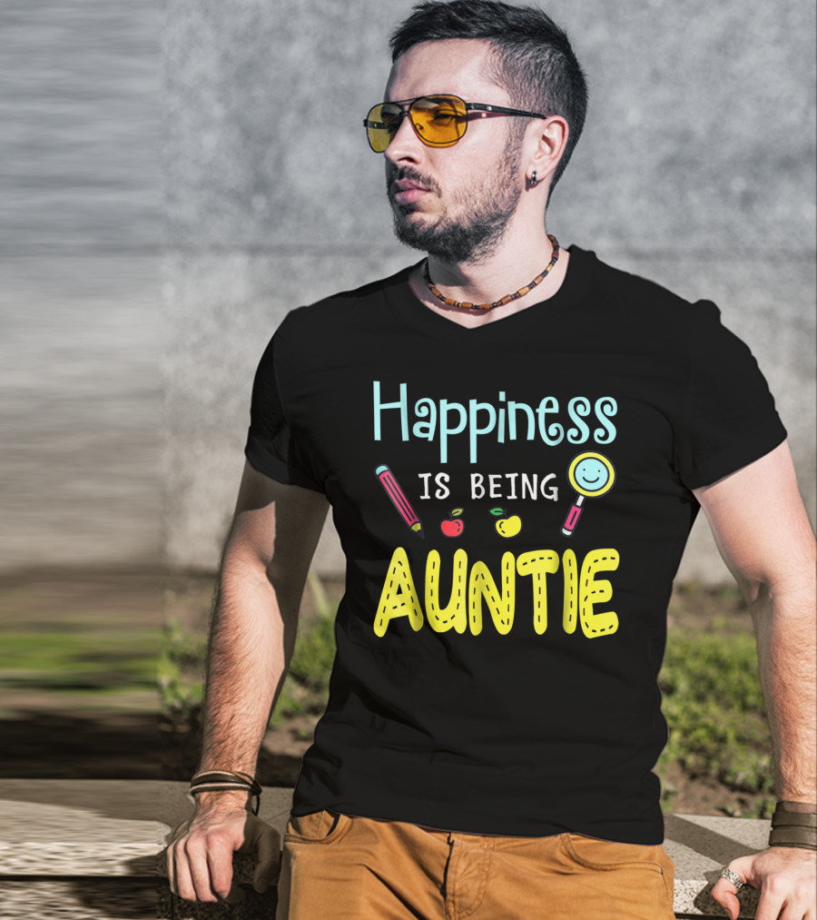 Happiness Is Being Auntie Pencil Apple Magnifying Glass T-Shirt