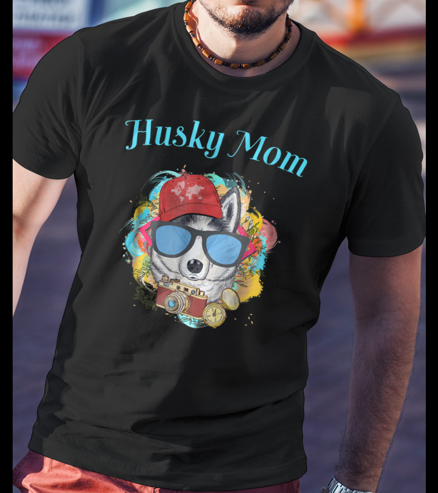Husky Mom Dog With Red Cap And Sunglasses Surrounded By Camera T-Shirt