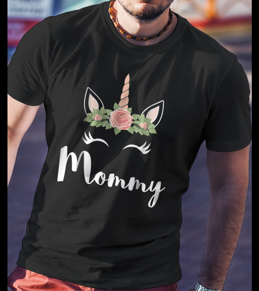 Mommy Cute Unicorn Face Mommy Flower Crown T-Shirt