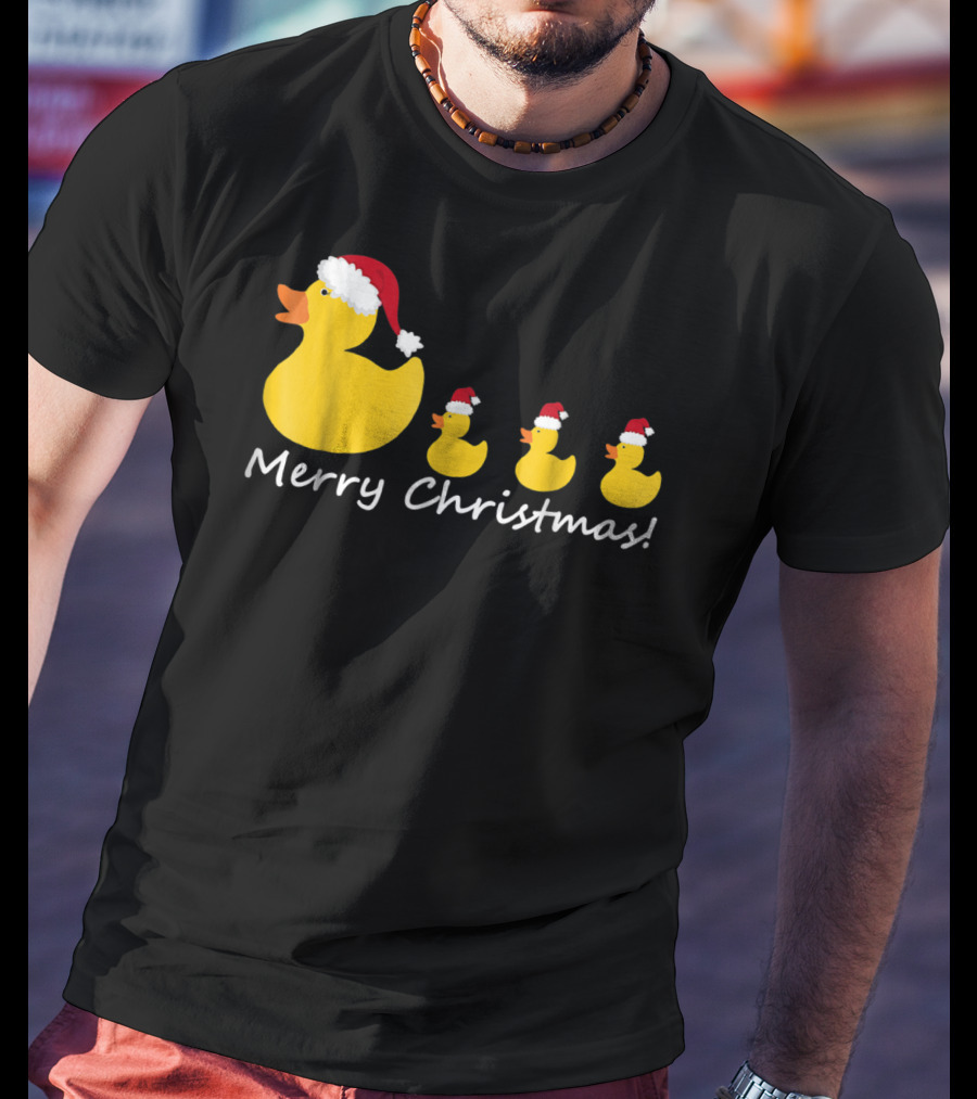 Merry Christmas Rubber Duck Family Santa Hat Mom Of Three T-Shirt