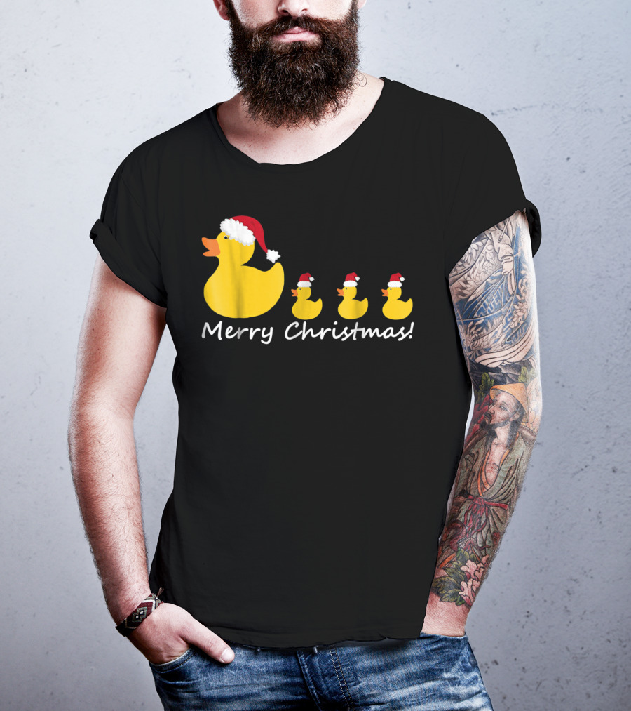 Merry Christmas Rubber Duck Family Santa Hat Mom Of Three T-Shirt
