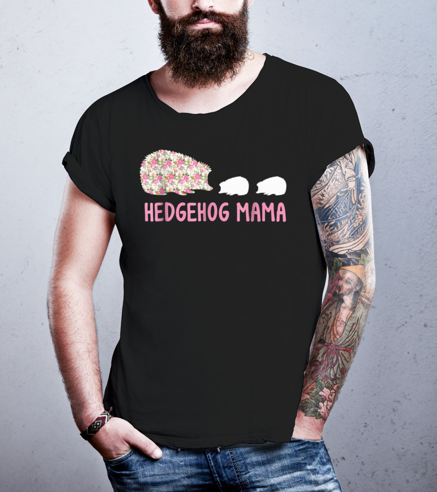 Hedgehog Mama With Floral Pattern And Babies T-Shirt