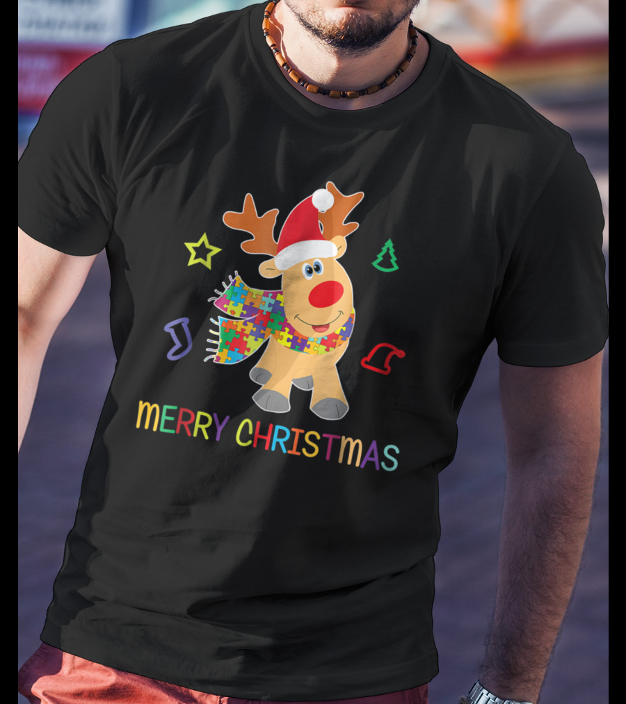 Merry Christmas Autism Awareness Reindeer Puzzle Scarf Holiday Kids 65 T-Shirt