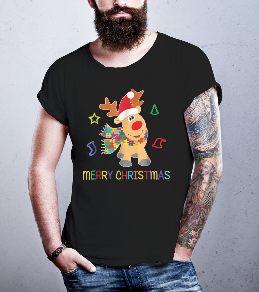 Merry Christmas Autism Awareness Reindeer Puzzle Scarf Holiday Kids 65 T-Shirt