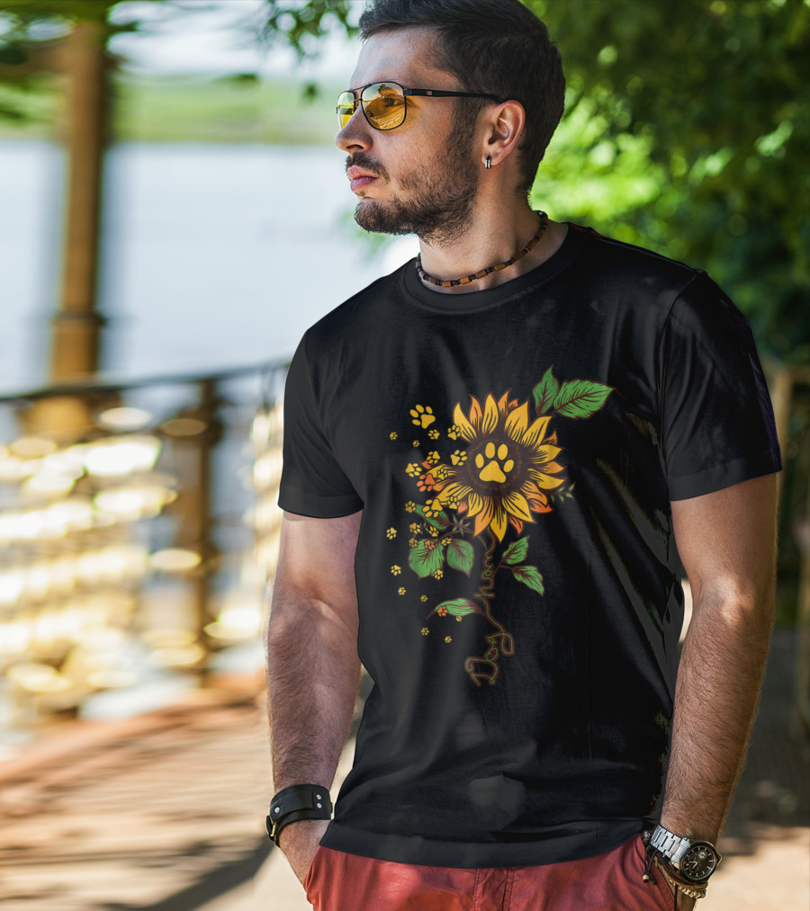 Dog Mom Paw Print Sunflower With Leaves T-Shirt