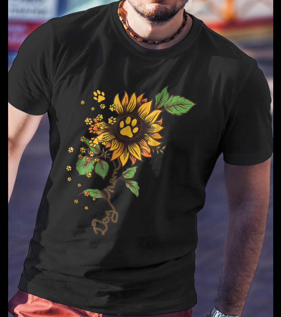 Dog Mom Paw Print Sunflower With Leaves T-Shirt