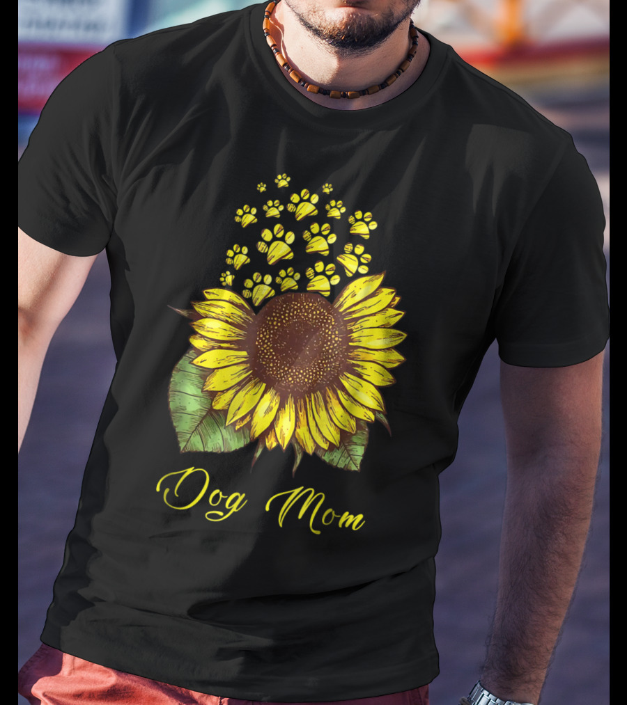 Dog Mom Sunflower With Paw Print Accents T-Shirt