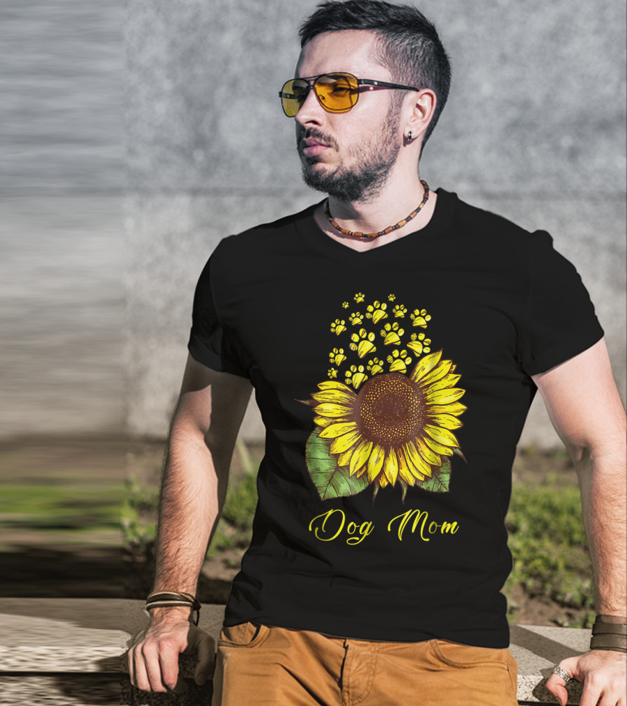 Dog Mom Sunflower With Paw Print Accents T-Shirt