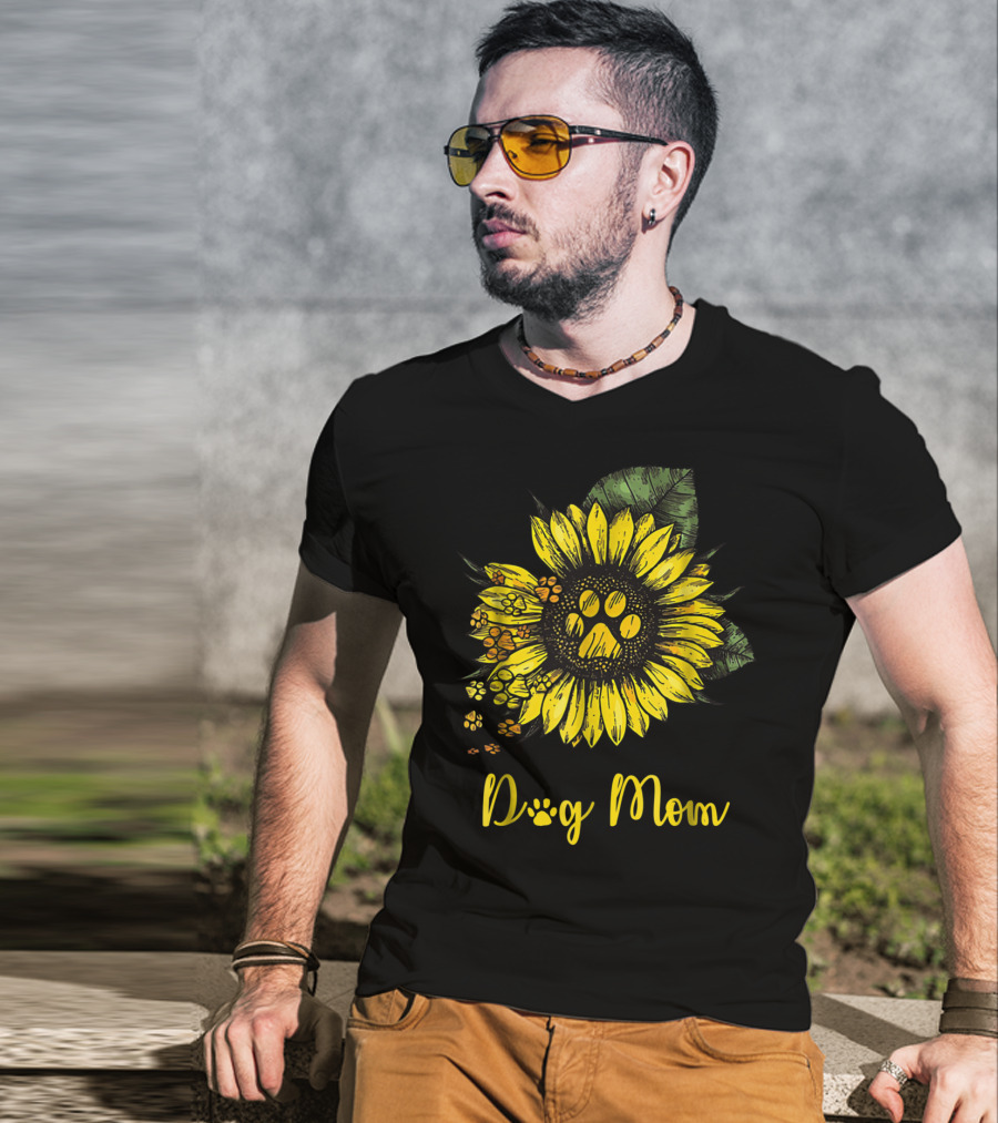 Dog Mom Paw Print Sunflower Blossom T-Shirt