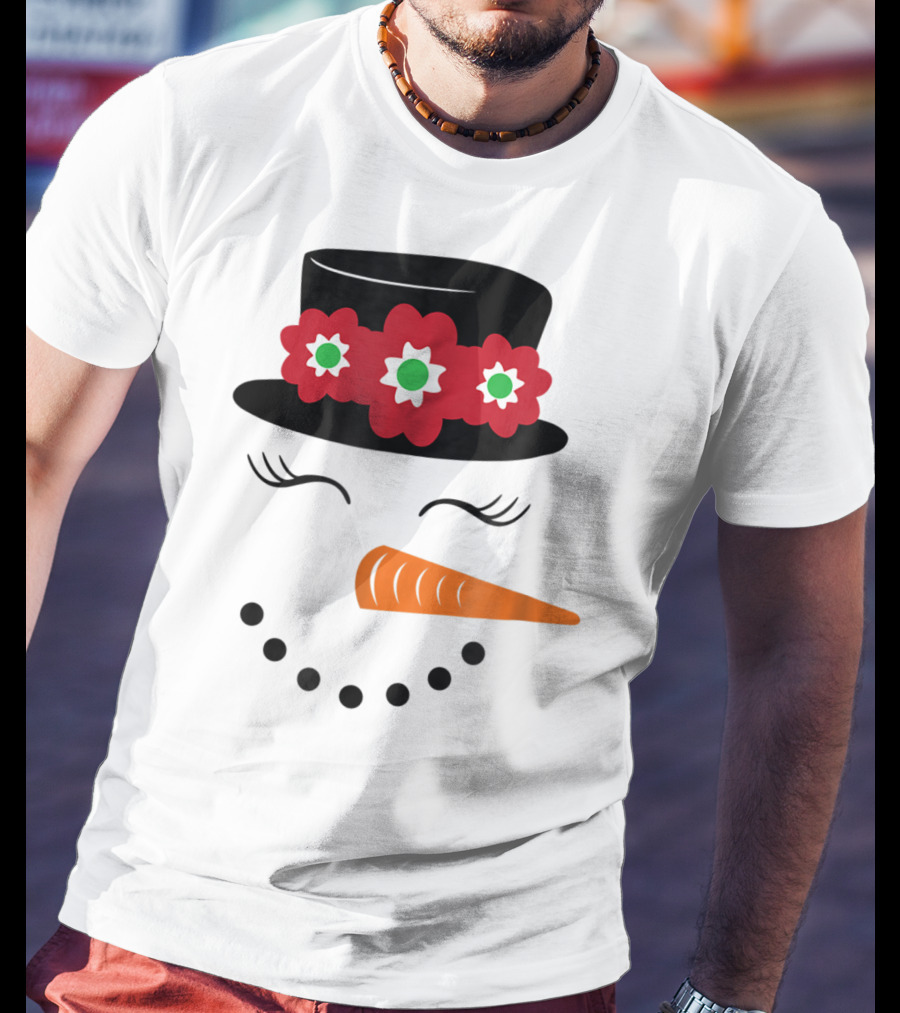 Family Christmas Card Snowman Woman With Hat And Flowers Mom Girl25 T-Shirt