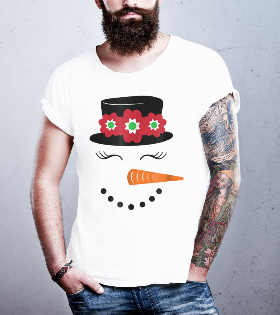 Family Christmas Card Snowman Woman With Hat And Flowers Mom Girl25 T-Shirt