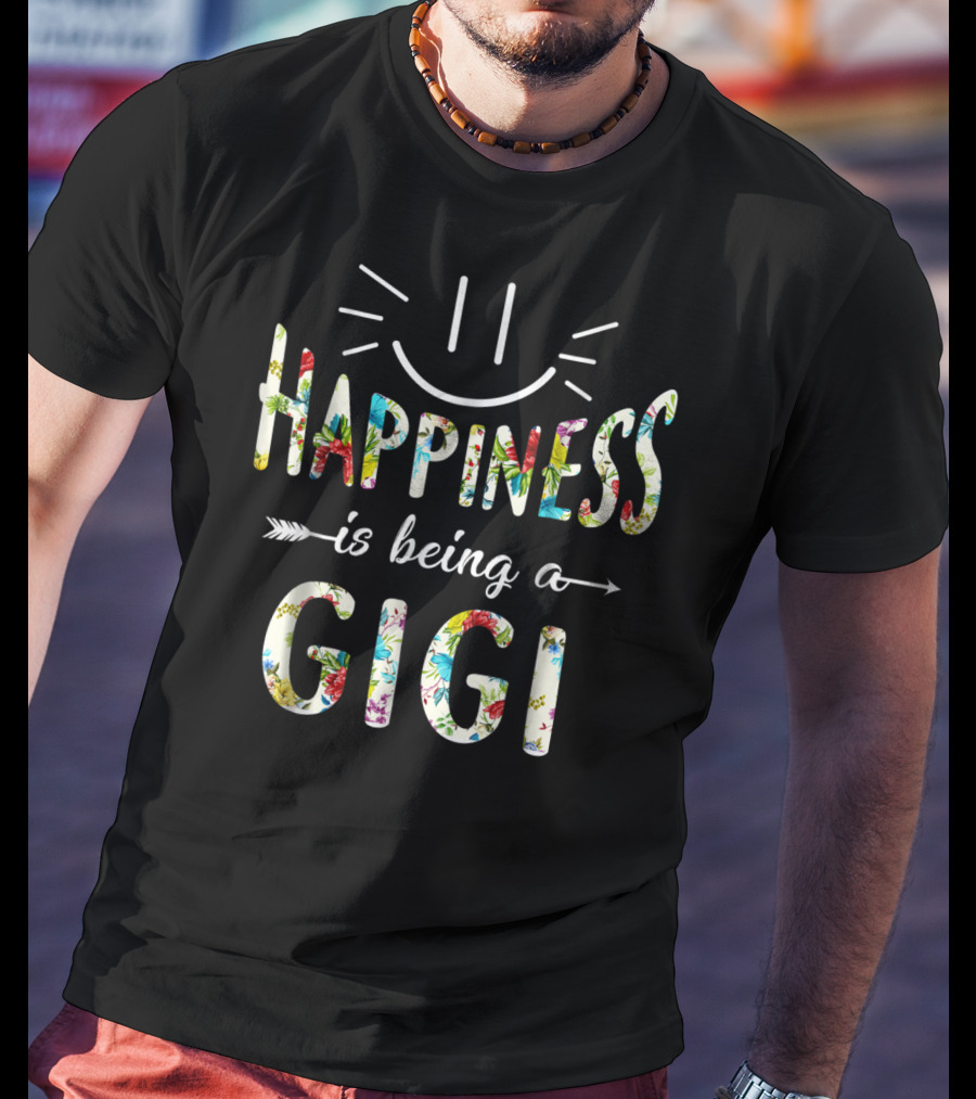 Happiness Is Being A Gigi Floral Pattern Smiley Face T-Shirt