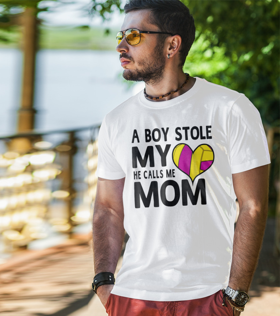 A Boy Stole My Heart He Calls Me Mom Volleyball Heart T-Shirt