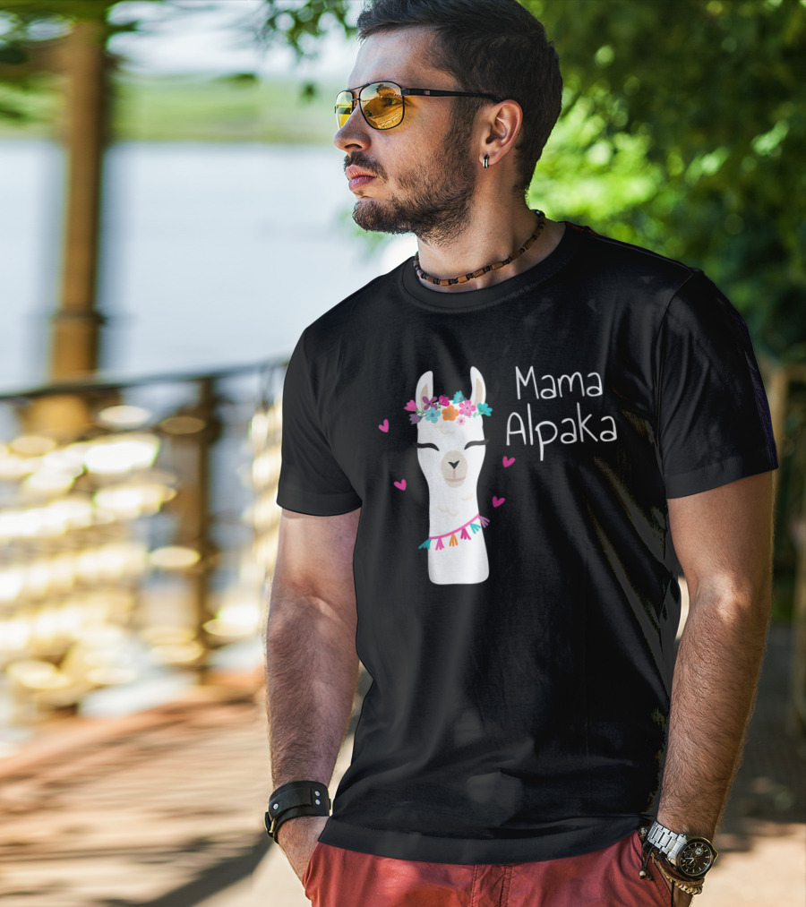 Mama Alpaka Funny Cute Floral Hearts T-Shirt
