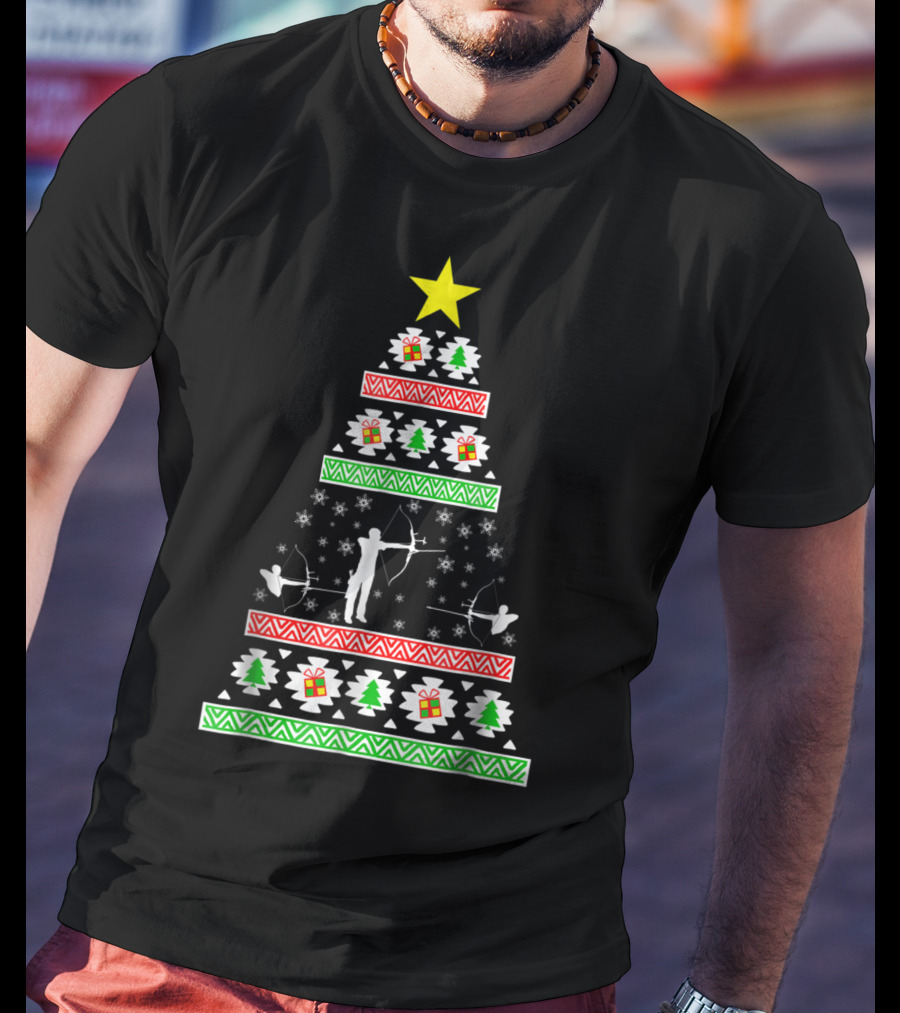 Archery Ugly Christmas Dad98 Tree Pattern With Star And Gifts T-Shirt