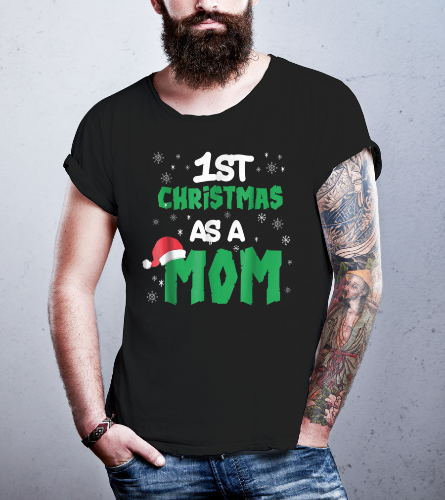 1st Christmas As A Mom Santa Hat Snowflakes T-Shirt