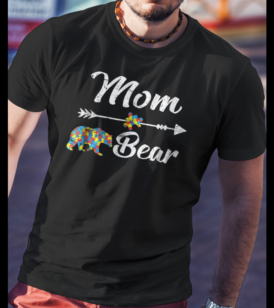 Mom Bear Arrow Heart Autism Awareness T-Shirt