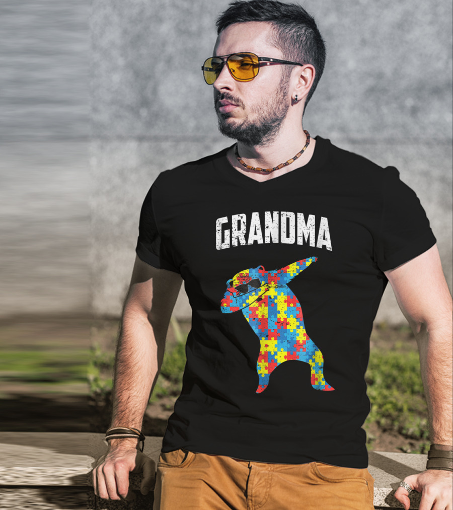 Dabbing Autism Puzzle Bear With Glasses Grandma T-Shirt