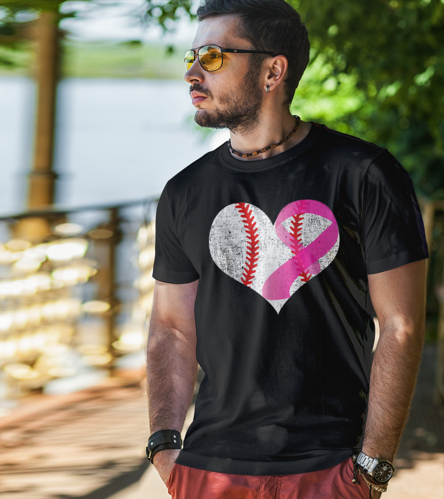 Baseball Heart Pink Ribbon Breast Cancer Awareness Mom81 T-Shirt