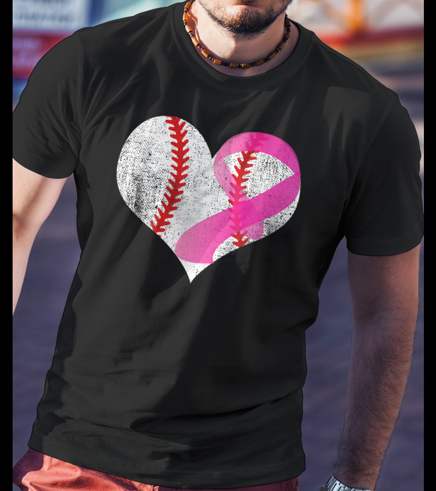 Baseball Heart Pink Ribbon Breast Cancer Awareness Mom81 T-Shirt