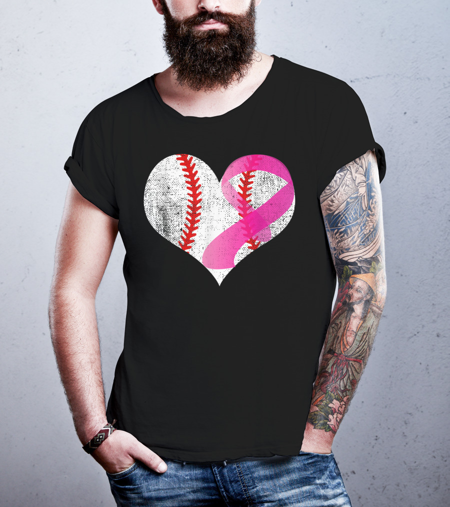 Baseball Heart Pink Ribbon Breast Cancer Awareness Mom81 T-Shirt