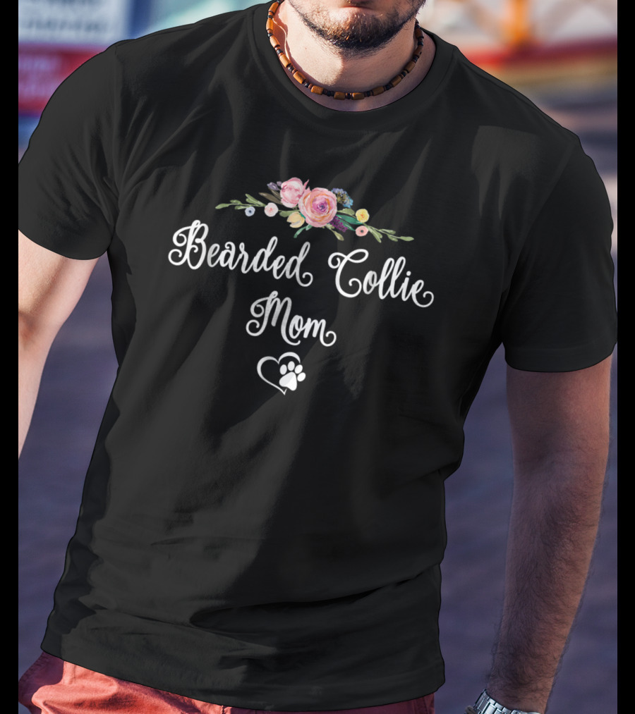 Bearded Collie Dog Mom Floral Heart Paw Prints T-Shirt