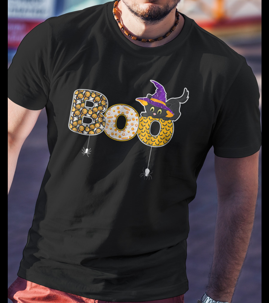 Boo Halloween Cat Mom Cute25 Black Cat Witch Hat Spiders T-Shirt
