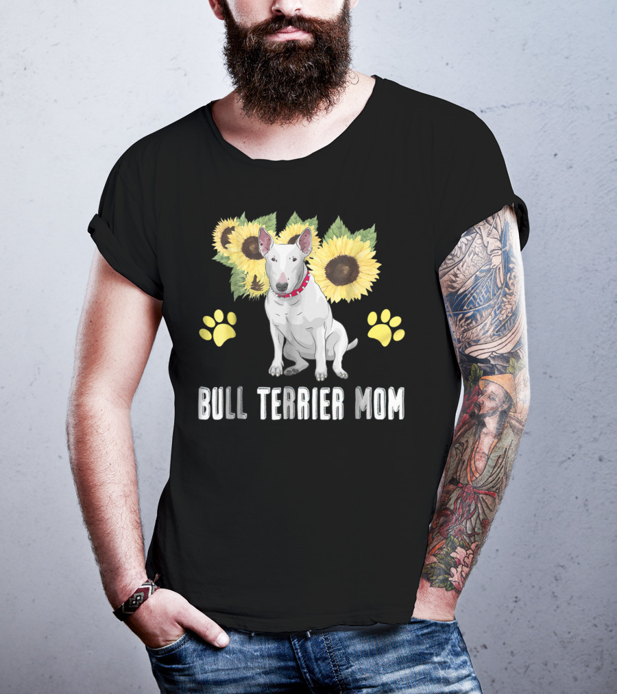 Bull Terrier Mom With Sunflowers And Paw Prints T-Shirt
