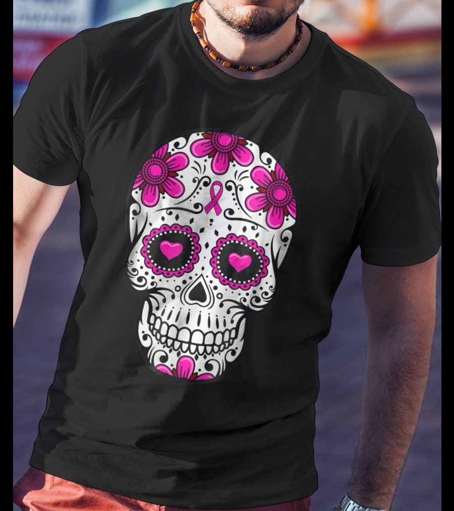 Breast Cancer Awareness Skull Pink Ribbon Mom Wife Floral T-Shirt