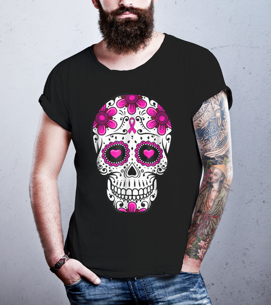 Breast Cancer Awareness Skull Pink Ribbon Mom Wife Floral T-Shirt