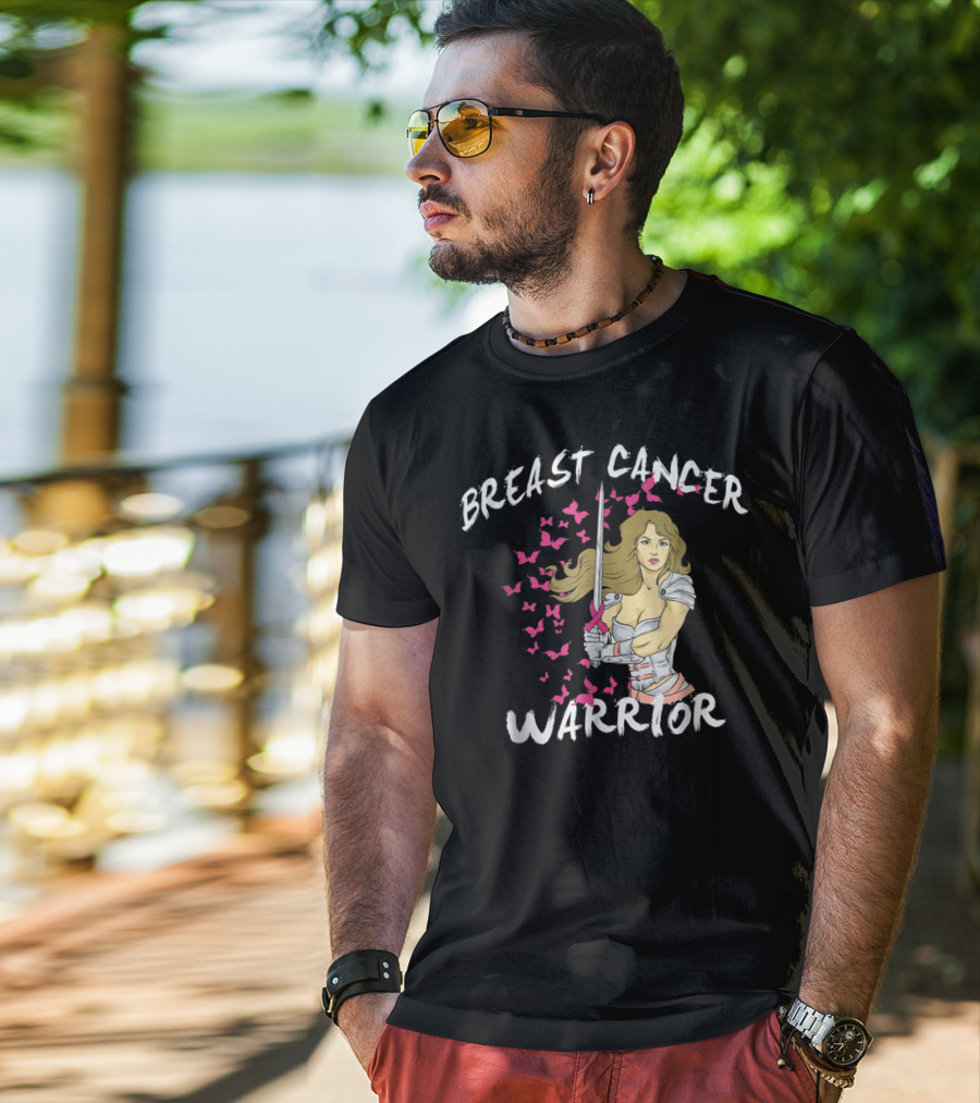 Breast Cancer Warrior Mom Knight With Ribbon Sword And Butterflies T-Shirt