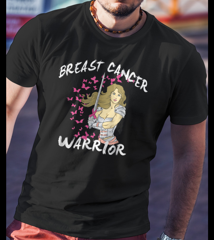 Breast Cancer Warrior Mom Knight With Ribbon Sword And Butterflies T-Shirt